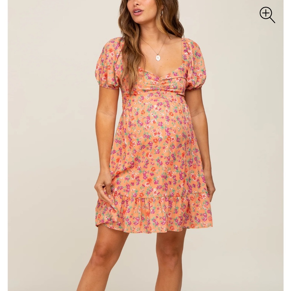 Orange Floral Sweetheart Ruched Front Short Sleeve Maternity Dress